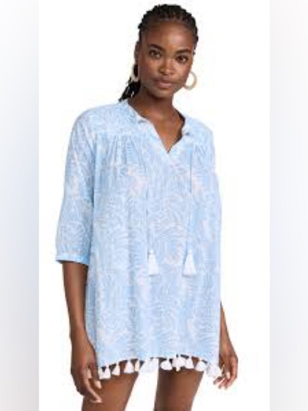 Roller Rabbit Cotton Fringe Tunic Boho Coverup White Blue XS